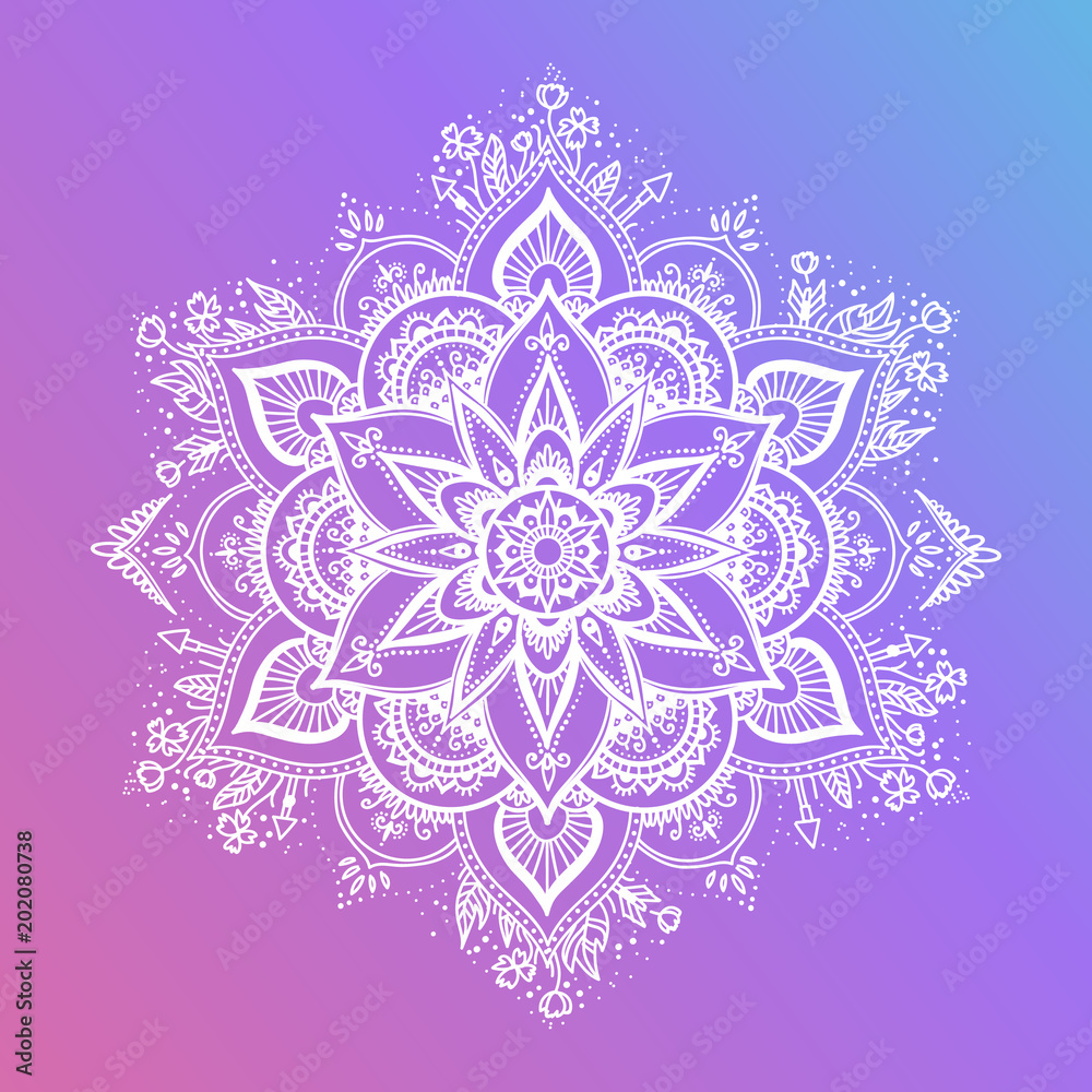 Round white mandala on dreamy gradient background. Vector hipster design in violet and pink colors. Mandala with floral patterns. Yoga template Round white mandala on dreamy gradient background. Vector hipster design in violet and pink colors. Mandala with floral patterns. Yoga template