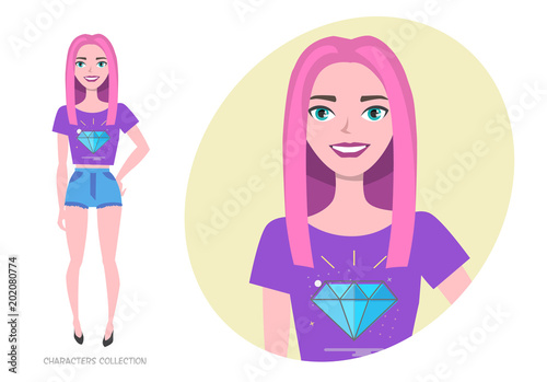 Girl teenager in fashionable clothes ultra violet colors smiling