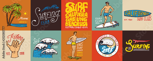Surf badge and wave, palm tree and ocean. tropics and california. man on the surfboard, summer on the beach and the sea. engraved emblem hand drawn. Banner or poster. sports in Hawaii.