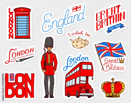 British vintage stickers, Crown and Queen, teapot with tea, bus and royal guard, London. Badges, stamps, emblems. United Kingdom. Country England label. 80s-90s Comic Style. Engraved hand drawn sketch