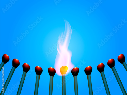 Many matches on a blue background. One match is on fire. Vector illustration.