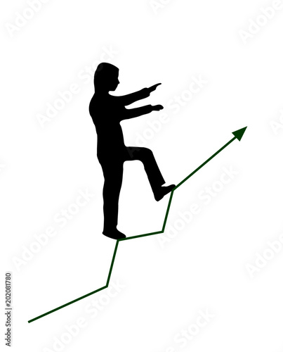 Man walking with both arms up front and one leg forward like climbing upstairs green graph arrow line growing up vector illustration