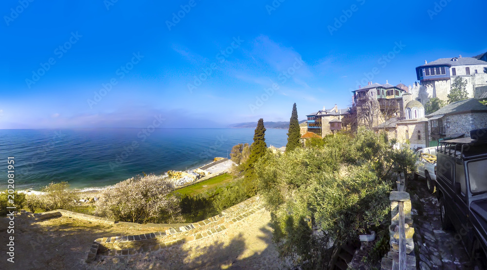 Panorama of Dionissiou monastery, Athos Peninsula, Mount Athos, Chalkidiki, Greece