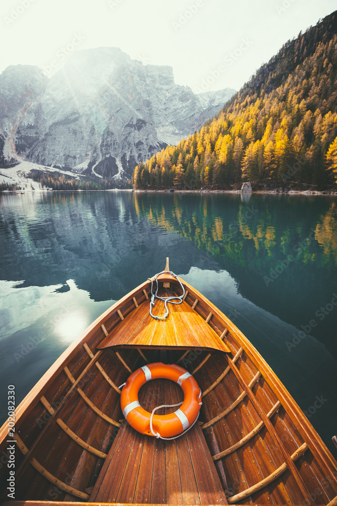 Traditional rowing boat on a lake in the Alps
