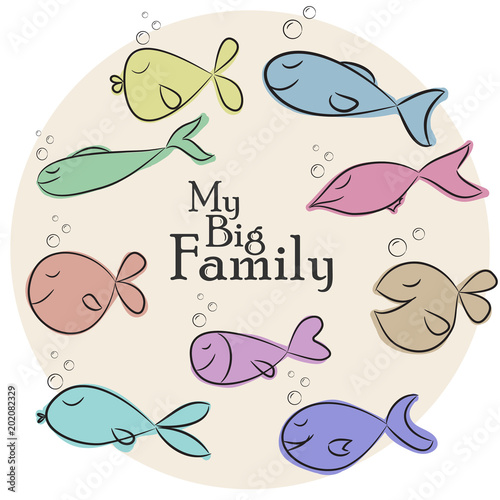 Vector Illustration with big set of funny fishes and My Big Family phrase on beige background. Perfect for card, poster, label, t-shirt printing, and other design progect.