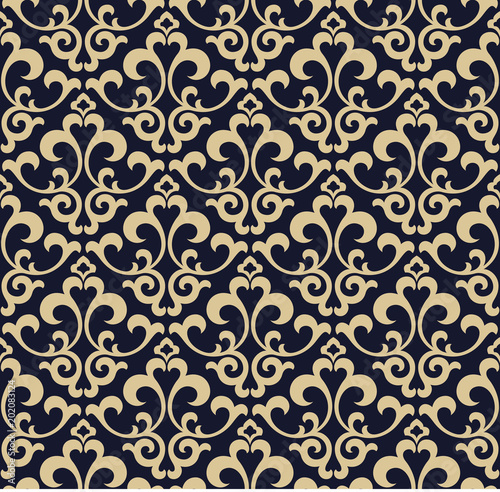 Wallpaper in the style of Baroque. A seamless vector background. Blue and gfloral ornament. Graphic vector pattern