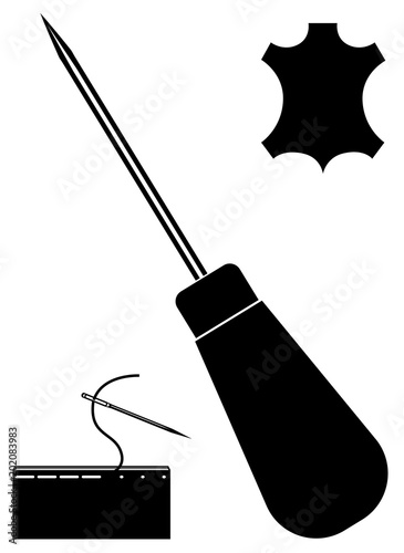 Awl, needle, leather icon. Leather working tools.