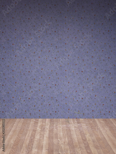 Floral pattern wallpaper and wood floor photo