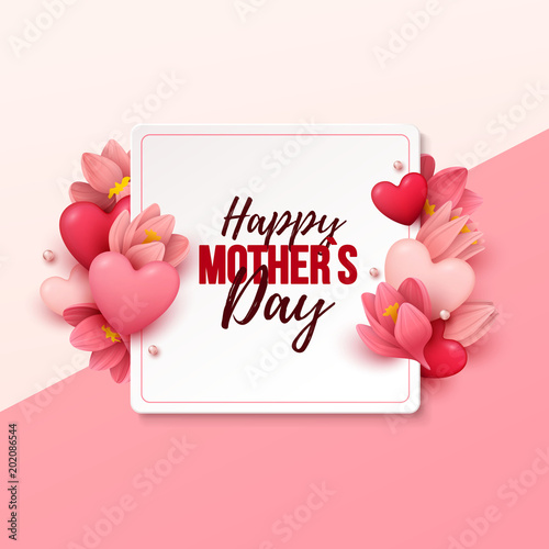 Happy Mothers Day background with flowers and hearts. Vector illustration