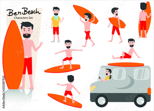 young surfer characters set