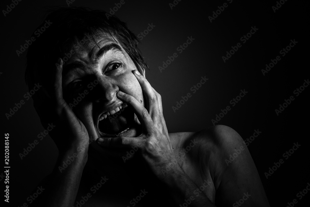 Horror. Portrait of the man. Black and white. Horror. Portrait of the man. Black and white.