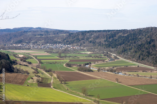View of the town of Kinding and the valley of the river Altmuehl from the rock “Langfelsen “, Germany