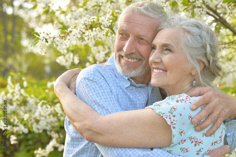 couple hugging in blooming garden couple hugging in blooming garden