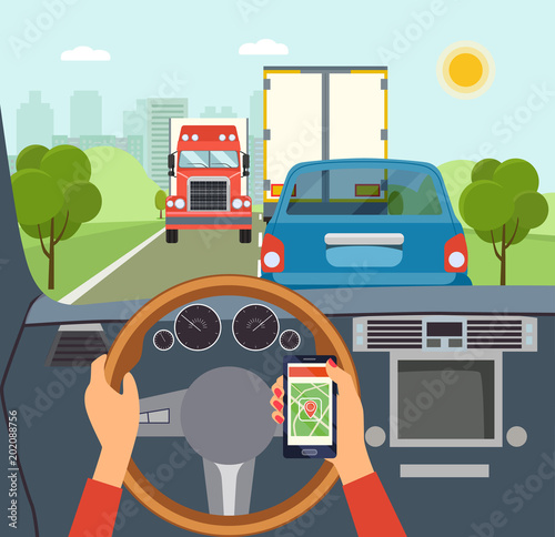 Woman hands of a driver on steering wheel of a car. City traffic jam.Vector flat illustration