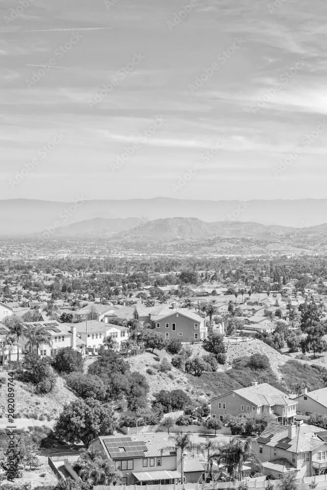 Vertical black and white suburbs of Southern California