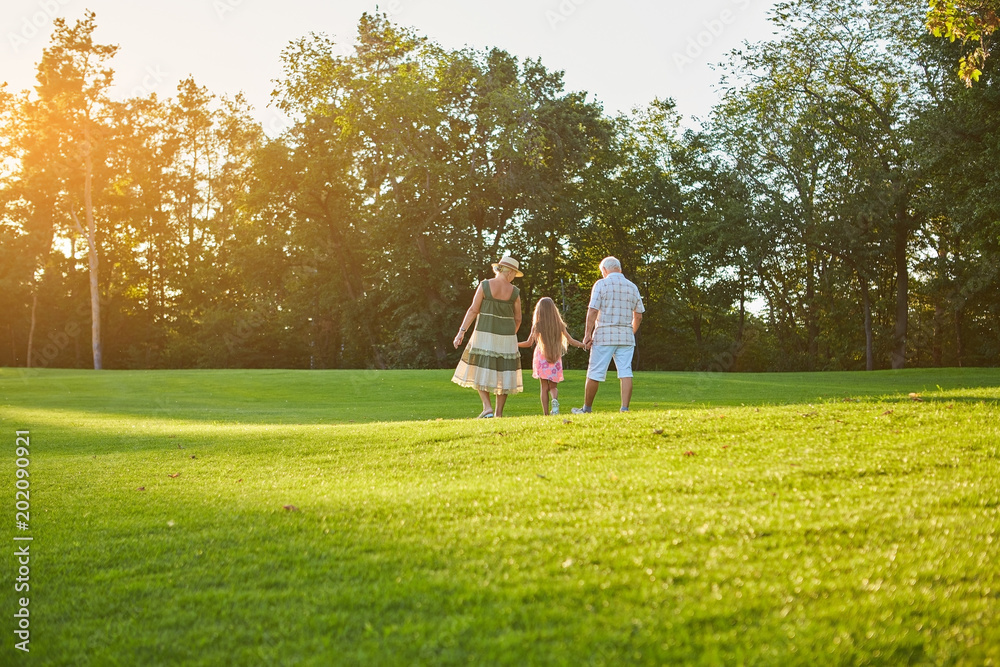 People walking on green grass. Senior man and woman, grandchild. People walking on green grass. Senior man and woman, grandchild.