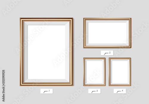 Golden frame isolated on white background. Vector illustration. Wall frame mock-up