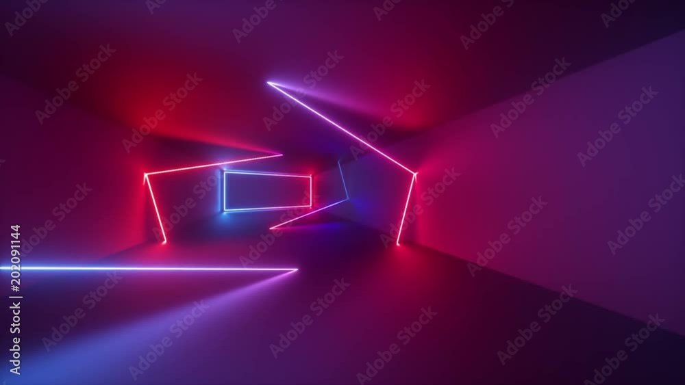 3d render, abstract geometric background, fluorescent ultraviolet light, glowing neon lines rotating inside tunnel, blue red pink purple spectrum, spinning around, modern colorful illumination