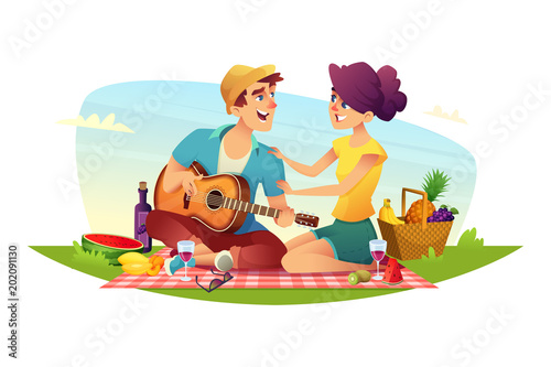 Happy couple of lovers has a picnic on nature. Design of cartoon characters.
