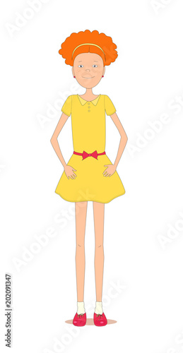 Cute joyful ginger girl with curly hair trying on her new yellow dress. Cartoon style. Vector illustration. Isolated on white background.