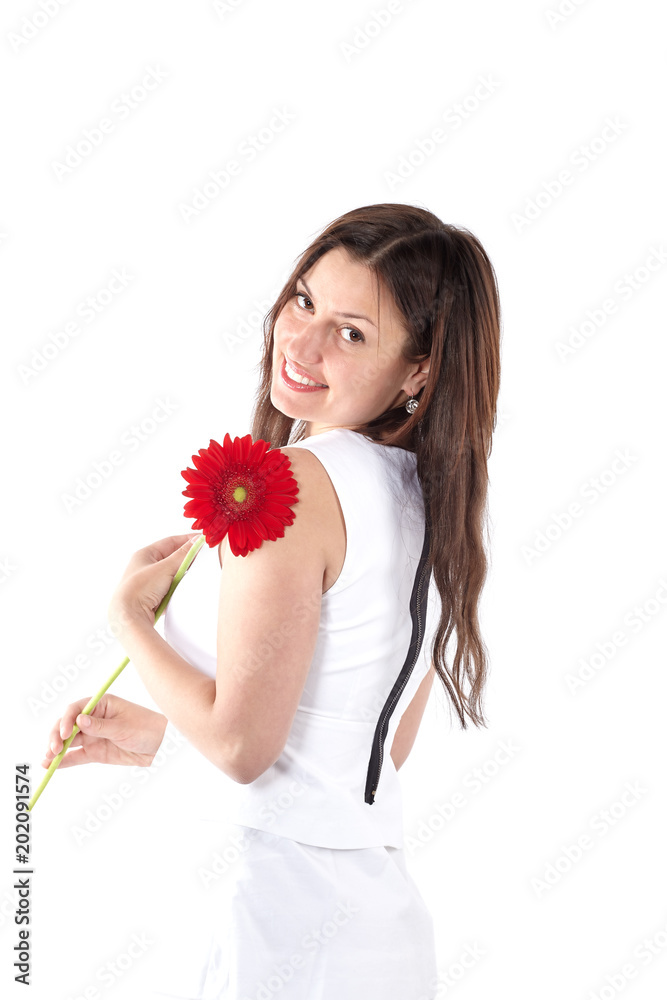 Beautiful young woman in white dress posing with red flower isolated on white Beautiful young woman in white dress posing with red flower isolated on white