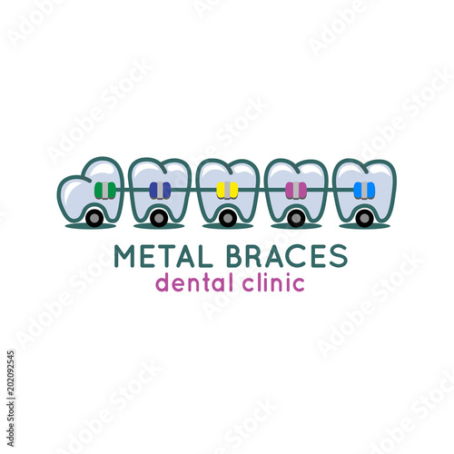 Cartoon teeth with metal braces. Vector illustration.