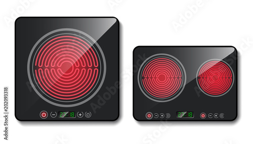 Vector realistic black induction cooktops or glass-ceramic cooking panels, hobs with one and two heating zones, isolated on background. Modern stove for cooking food with touch control buttons