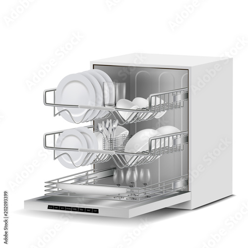 Vector 3d realistic white dishwasher machine with three metal racks, filled with clean plates, glasses, cups, cutlery, side view isolated on background. Modern household appliance for washing dishes