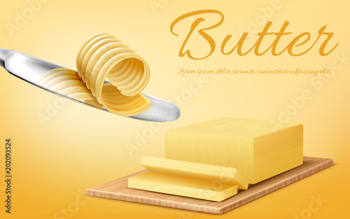Vector promotion banner with realistic yellow stick of butter on cutting board and metal knife. Slices of margarine or spread, fatty dairy product for cooking and eating. Mockup for brand advertising