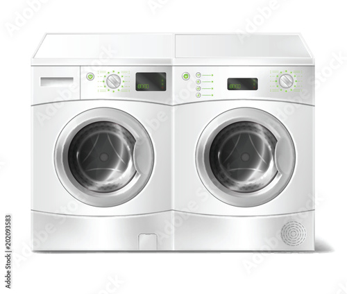 Vector realistic illustration of white front-load washer and dryer, empty inside, with close door isolated on background. Modern household appliance for washing dirty laundry and drying clothes