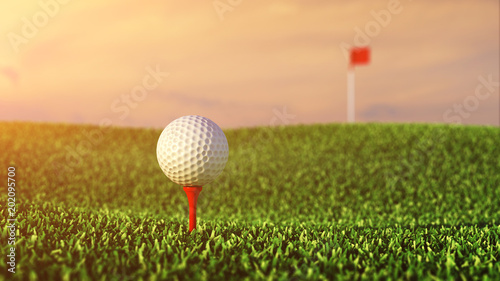 Golf ball and flag on grass course at dawn, Golf tournament