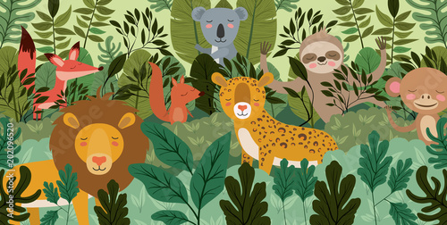group of animals in the forest scene vector illustration design