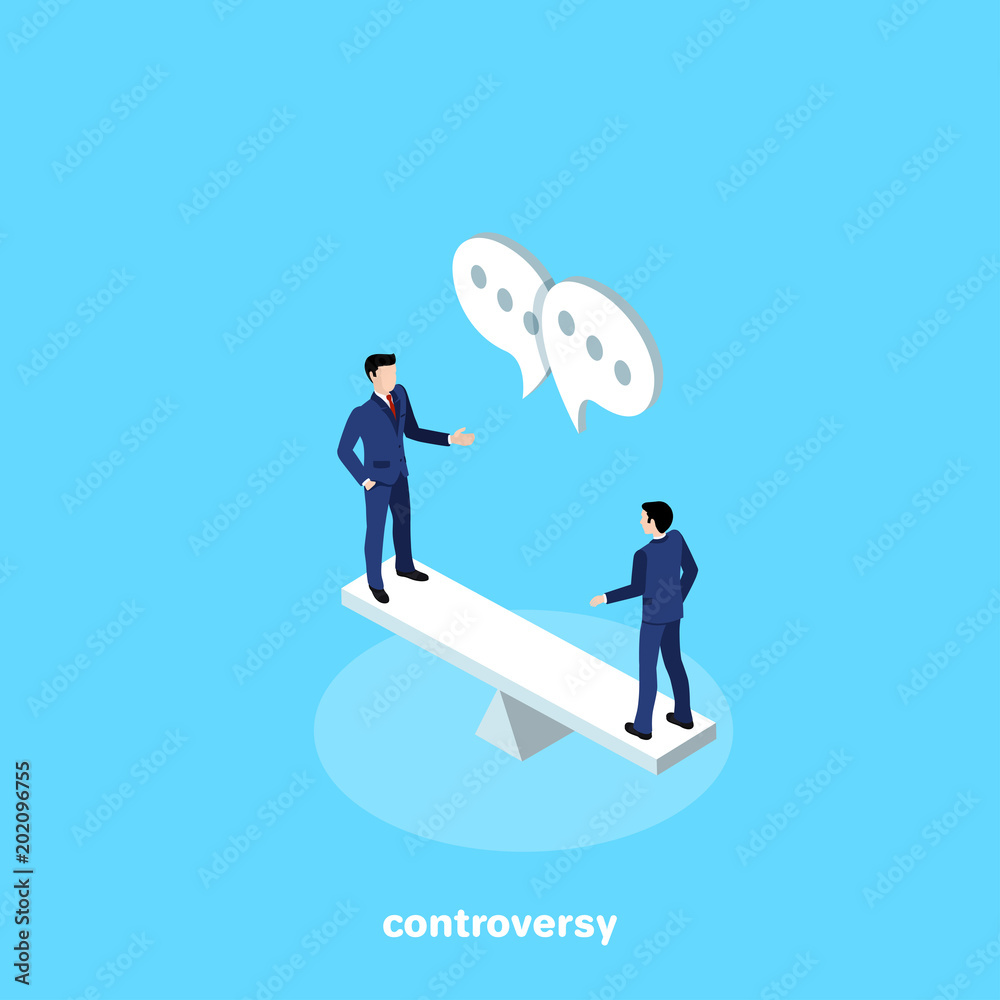 men in business suits stand on scales and talk, isometric image men in business suits stand on scales and talk, isometric image