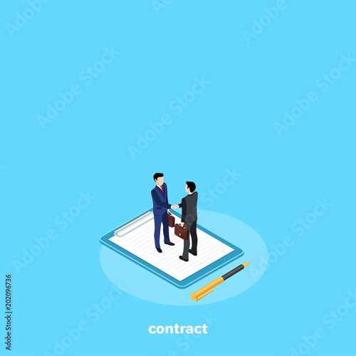 men in business suits stand on the tablet with the contract and shake hands, isometric image