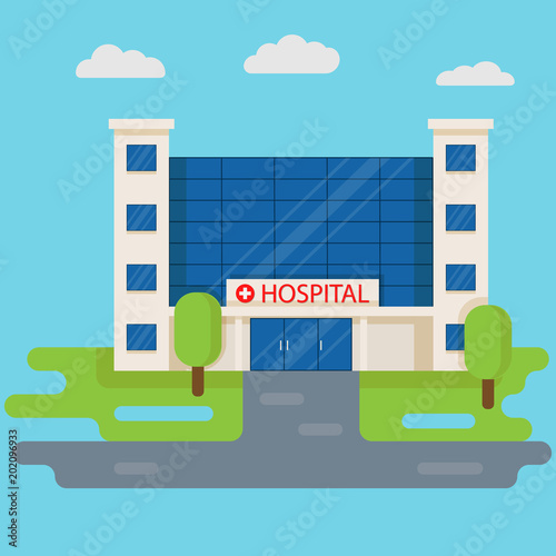 Fototapeta Naklejka Na Ścianę i Meble -  Hospital building in flat style. Medical concept. Medicine clinic frontage design isolated on blue background.