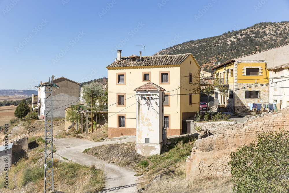 transformer station and a view of Villaseca de Henares village, province of Guadalajara, Castile La Mancha, Spain