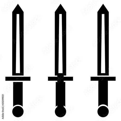 Simple  flat  black and white short-sword silhouette illustration. Three variations. Isolated on white