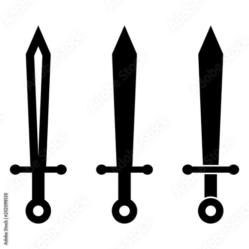 Simple, flat, black and white short-sword/dagger silhouette illustration. Three variations. Isolated on white