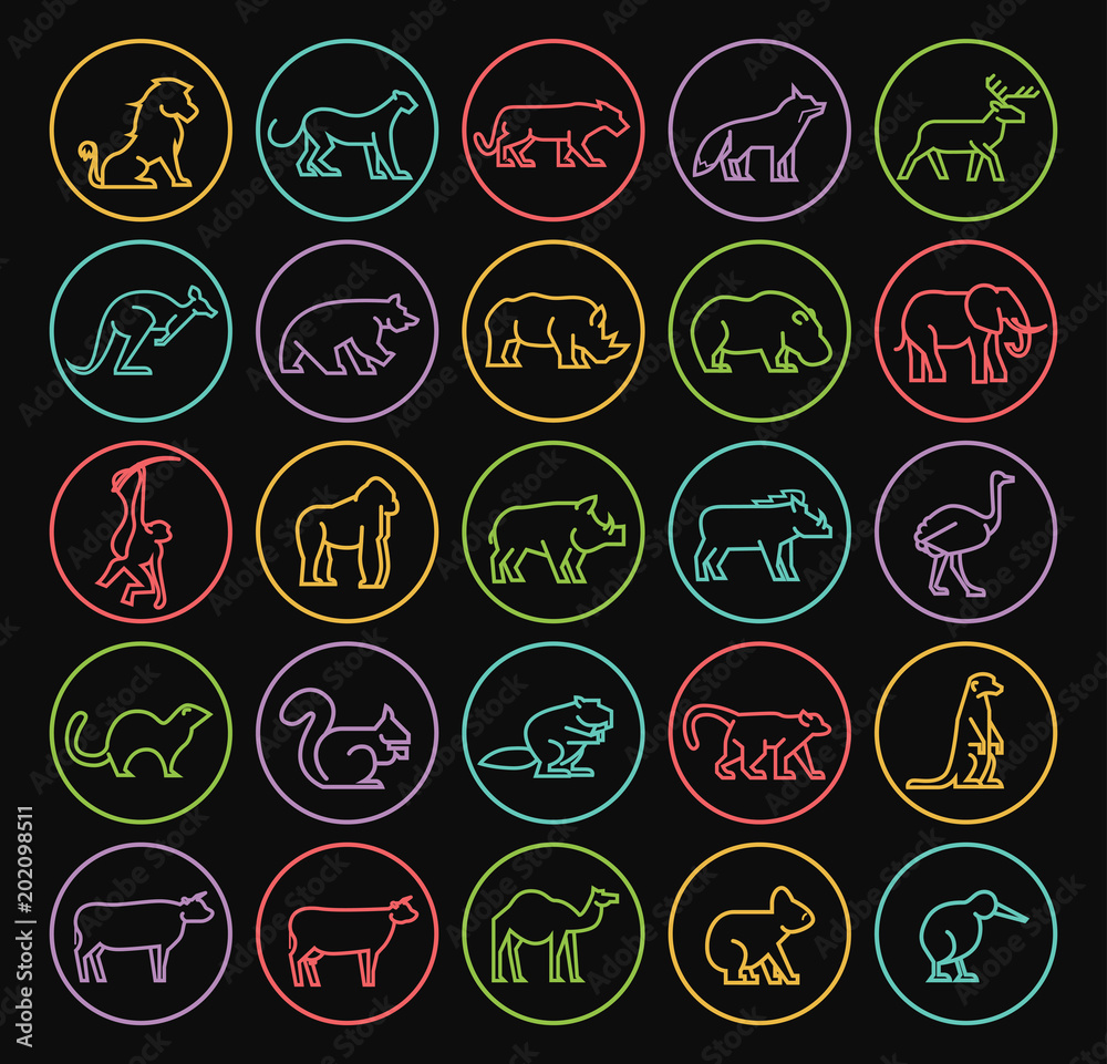 Set of Quality Universal Standard Minimal Simple Color Thin Line Animals on Circles on Black Background 