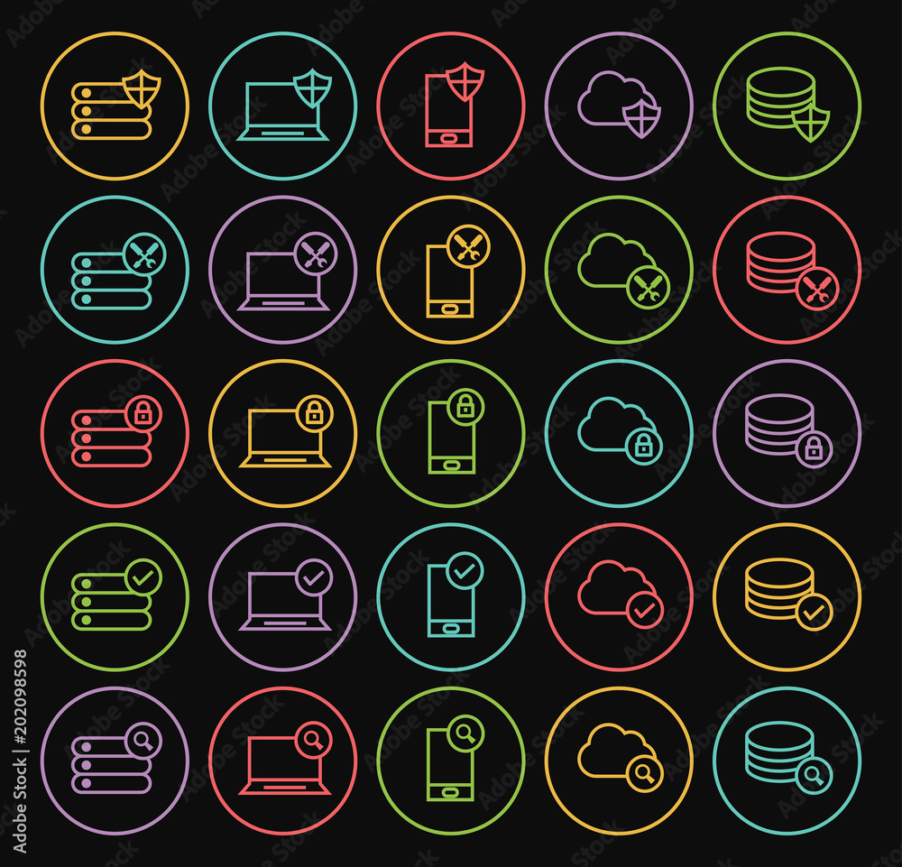 Set of Quality Universal Standard Minimal Simple Color Thin Line Network , Technology and Analytics Icons on Circular Buttons on Black Background Set of Quality Universal Standard Minimal Simple Color Thin Line Network , Technology and Analytics Icons on Circular Buttons on Black Background