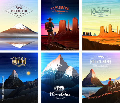 Mountains Peaks card or brochure. Tourism on nature. Landscape early in a daylight. Outdoor hill tops. Set of Vintage Poster or background. template of flyer, book cover and badge.
