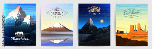 Mountains Peaks card or brochure. Tourism on nature. Landscape early in a daylight. Outdoor hill tops. Set of Vintage Poster or background. template of flyer, book cover and badge.