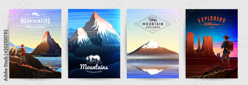 Mountains Peaks card or brochure. Tourism on nature. Landscape early in a daylight. Outdoor hill tops. Set of Vintage Poster or background. template of flyer, book cover and badge.