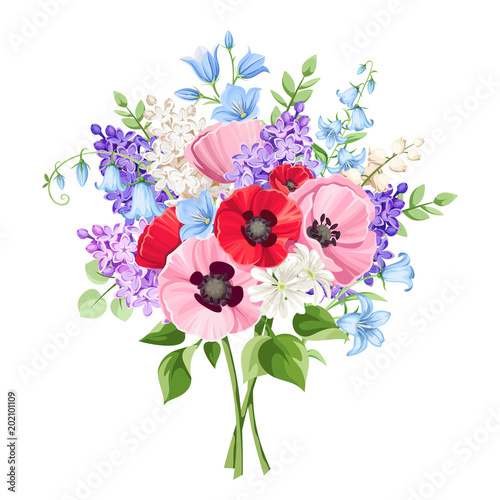 Vector bouquet of red, pink, blue and purple poppies, lilac flowers and bluebells isolated on a white background.
