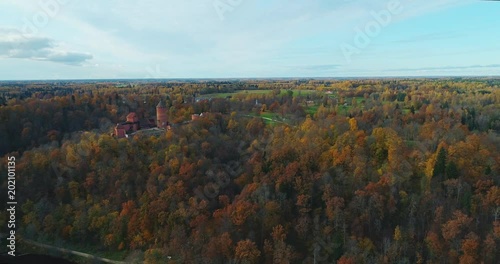 Turaides Castle Autumn Forest Sigulda city nature, Gauya river drone flight, bridge car drive from above photo