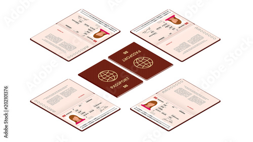 Vector isometric blank open passport template. International passport with sample personal data page. Document for travel and immigration. Isolated illustration