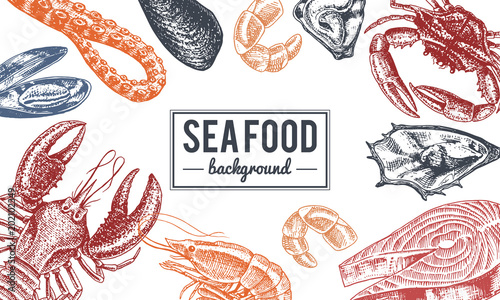 Seafood background. Crustaceans, shrimp, lobster or crayfish, crab with claws. River and lake or sea creatures. Freshwater aquarium. Poster for the menu. Engraved hand drawn in old vintage sketch.