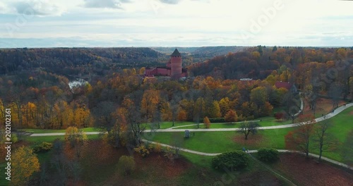 Turaides Castle Autumn Forest Sigulda city nature, Gauya river drone flight, bridge car drive from above photo