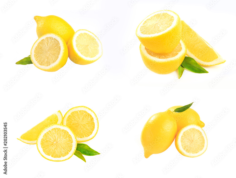 Collage of fresh lemon on white background