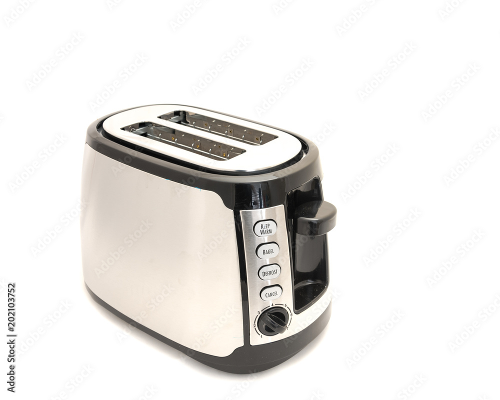 Studio shot toaster isolated on white background. Two-slice stainless steel toaster oven. Grey metal electric, domestic, kitchen appliances Studio shot toaster isolated on white background. Two-slice stainless steel toaster oven. Grey metal electric, domestic, kitchen appliances
